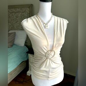 Gorgeous Bebe White Rhinestone Clasp Plunging Ruched Top XS Y2K
